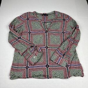 Tommy Hilfiger Blouse Colorful Print Top Long Sleeve V-Neck Preppy Shirt LARGE